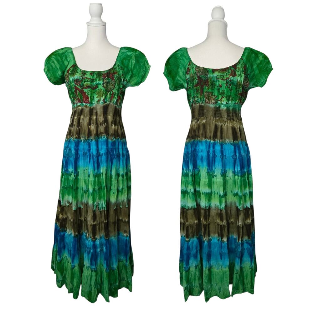 Flowy Double Decker Floral Tiered Smocked Maxi Dress Earthy Boho Cottagecore OS